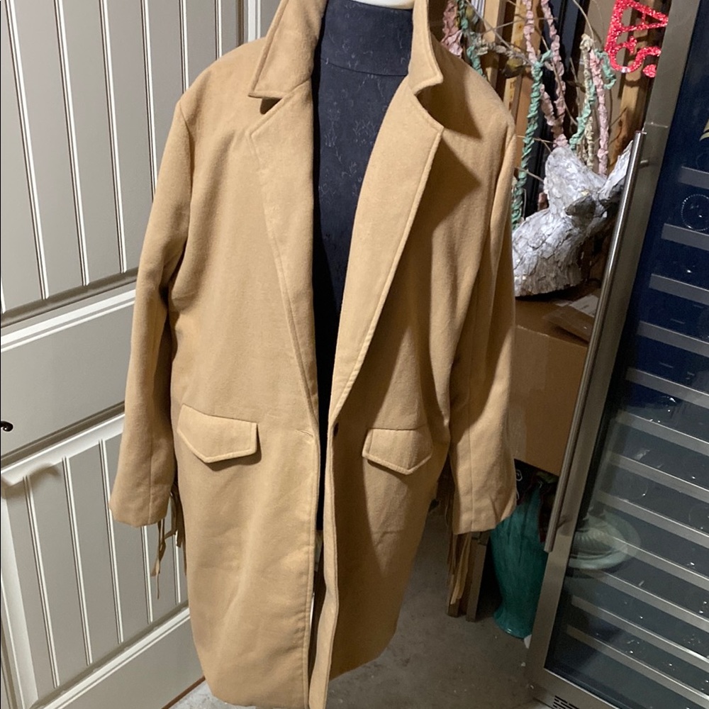 Classic Tan Trench Coat with Fringe details on back